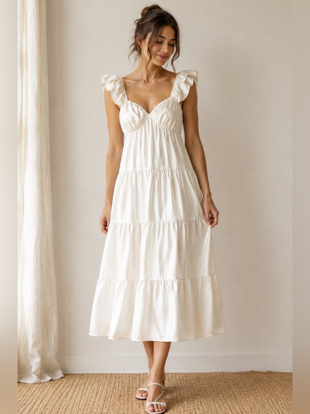 White Cottagecore Milkmaid Ruffle Midi Dress Romantic Tiered NWT
